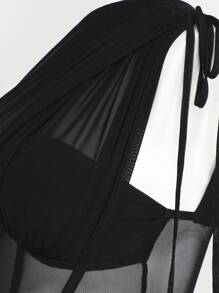 L'Amorae 單肩褶邊拼接網紗緊身連衣裙