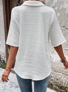 SHEIN LUNE Áo sơ mi nữ Nút phía trước màu trơn Giải trí - trắng - Xem 2