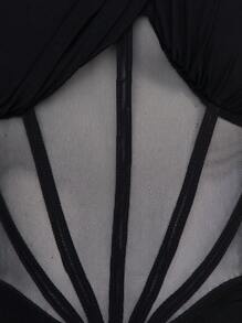 L'Amorae 單肩褶邊拼接網紗緊身連衣裙