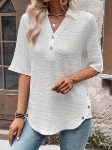 SHEIN LUNE Áo sơ mi nữ Nút phía trước màu trơn Giải trí - trắng - Xem 1