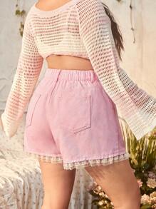 ROMWE Kawaii Quần short denim oversized Nút Tương phản ren Túi Dây kéo màu trơn - Hồng - Xem 2