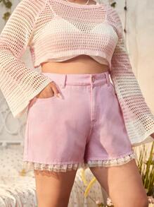 ROMWE Kawaii Quần short denim oversized Nút Tương phản ren Túi Dây kéo màu trơn - Hồng - Xem 3