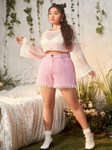 ROMWE Kawaii Quần short denim oversized Nút Tương phản ren Túi Dây kéo màu trơn - Hồng - Xem 5