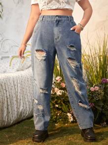 ROMWE Fairycore 大碼破洞直筒牛仔褲 - 淺色水洗藍 - 查看 1
