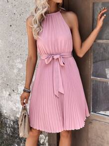 SHEIN Clasi 素色百褶下擺腰帶掛脖洋裝 - 淺粉色 - 查看 6