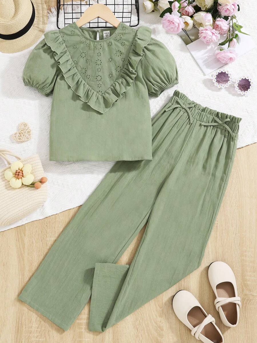 SHEIN Bộ hai mảnh Gái Nút Xù Nơ trước Tranh thêu Quần paper-bag màu trơn Dễ thương - màu xanh lá - Xem 1