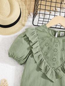 SHEIN Bộ hai mảnh Gái Nút Xù Nơ trước Tranh thêu Quần paper-bag màu trơn Dễ thương - màu xanh lá - Xem 4