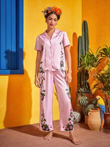 Frida Kahlo X SHEIN Floral Print Satin PJ Set - Baby Pink - View 3