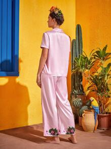 Frida Kahlo X SHEIN Floral Print Satin PJ Set - Baby Pink - View 2