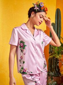 Frida Kahlo X SHEIN Floral Print Satin PJ Set - Baby Pink - View 4
