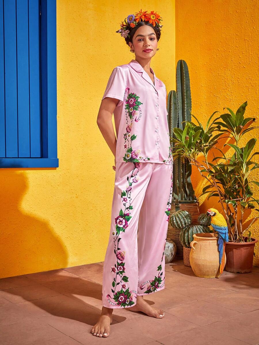 Frida Kahlo X SHEIN Floral Print Satin PJ Set - Baby Pink - View 1