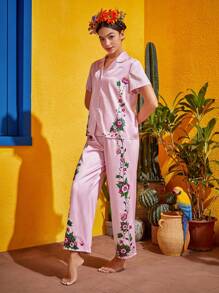 Frida Kahlo X SHEIN Floral Print Satin PJ Set - Baby Pink - View 5