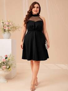 SHEIN Belle Vestido de malla jacquard fruncido de cuello halter - Negro - Ver 6