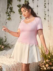 ROMWE Kawaii Áo thun Plus size Tương phản ren màu trơn Giải trí - Hồng - Xem 4