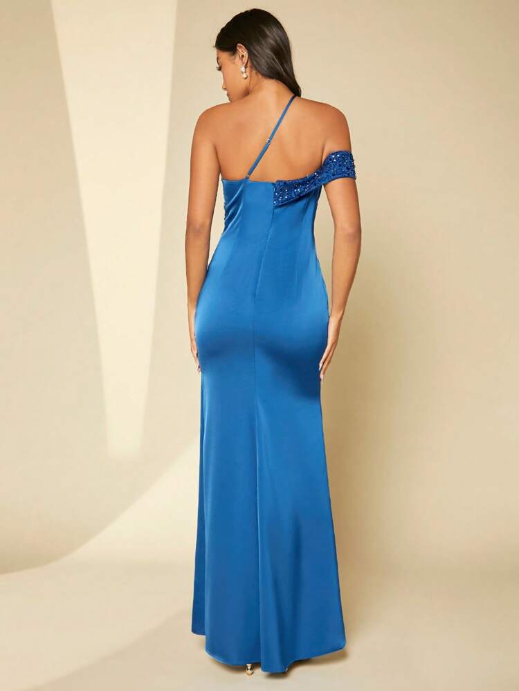 One Shoulder Sequin Detail Satin Dress