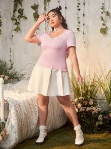 ROMWE Kawaii Áo thun Plus size Tương phản ren màu trơn Giải trí - Hồng - Xem 5