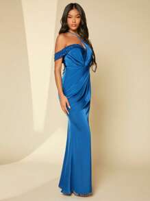 SHEIN Belle Váy satin đính sequin một bên vai - Màu xanh lam - Xem 3