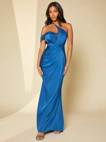 SHEIN Belle Váy satin đính sequin một bên vai - Màu xanh lam - Xem 4