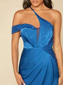 SHEIN Belle Váy satin đính sequin một bên vai - Màu xanh lam - Xem 6