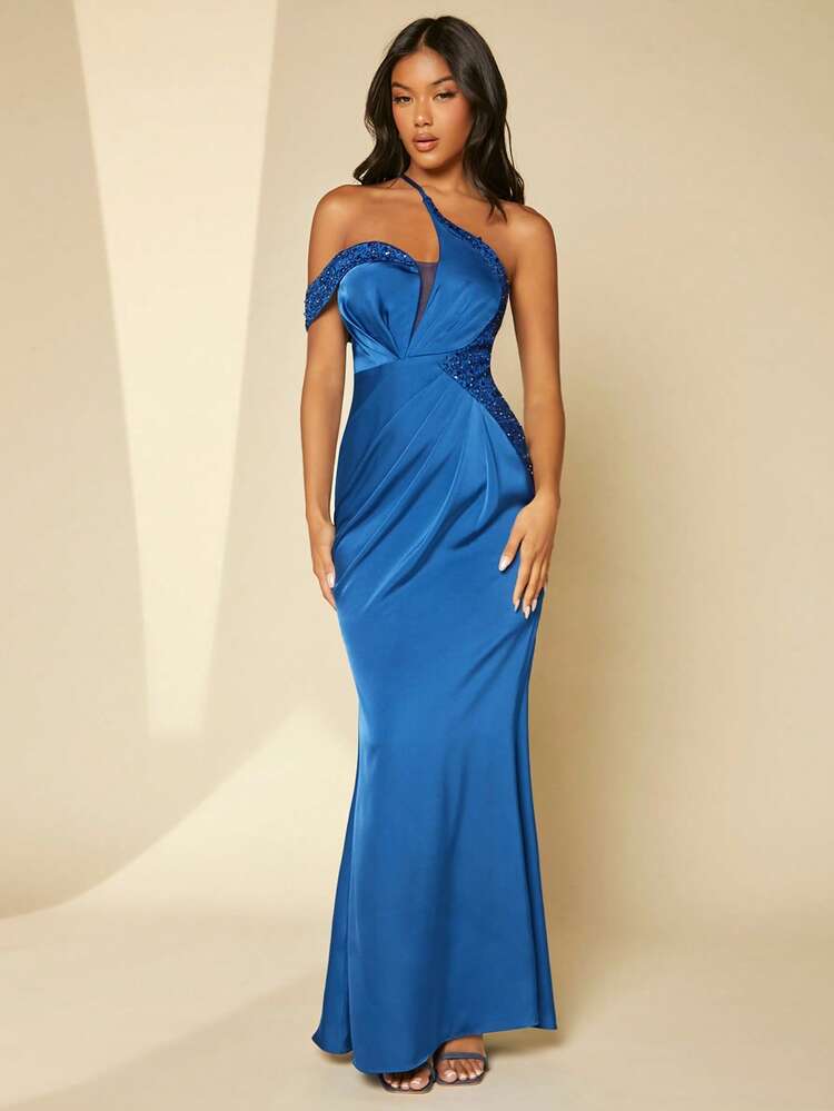 One Shoulder Sequin Detail Satin Dress