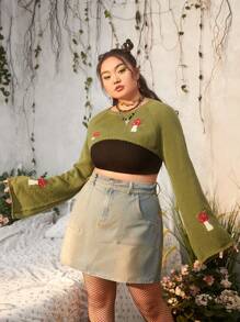 ROMWE Fairycore Plus Mushroom Pattern Super Crop Sweater Without Tube Top - Army Green - View 1