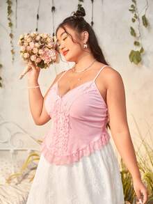 ROMWE Kawaii 大碼蕾絲拼接荷葉邊吊帶上衣 - 粉色 - 查看 4