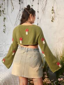 ROMWE Fairycore Plus Mushroom Pattern Super Crop Sweater Without Tube Top - Army Green - View 2
