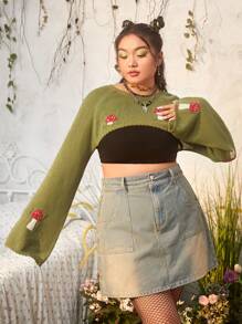 ROMWE Fairycore Plus Mushroom Pattern Super Crop Sweater Without Tube Top - Army Green - View 5