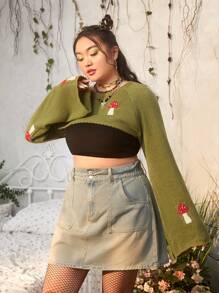 ROMWE Fairycore Plus Mushroom Pattern Super Crop Sweater Without Tube Top - Army Green - View 6