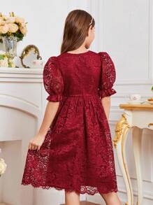 SHEIN Vestido de Niña Encaje Rojo con Mangas Abullonadas - Burdeos - Ver 2