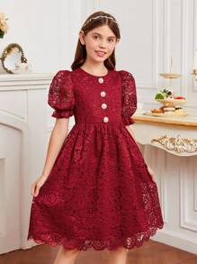 SHEIN Vestido de Niña Encaje Rojo con Mangas Abullonadas - Burdeos - Ver 7