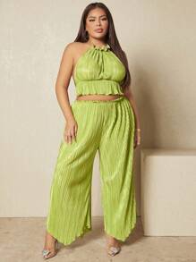 SHEIN SXY Plus Frill Trim Halter Top & Wide Leg Trousers - Lime Green - View 2