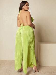 SHEIN SXY Plus Frill Trim Halter Top & Wide Leg Trousers - Lime Green - View 1