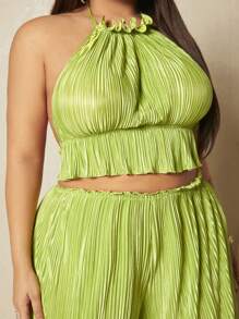 SHEIN SXY Plus Frill Trim Halter Top & Wide Leg Trousers - Lime Green - View 3