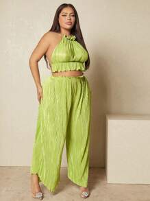 SHEIN SXY Plus Frill Trim Halter Top & Wide Leg Trousers - Lime Green - View 4
