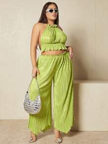 SHEIN SXY Plus Frill Trim Halter Top & Wide Leg Trousers - Lime Green - View 5