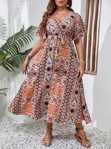 SHEIN LUNE 大碼波西米亞腰帶 開衩 交叉民族風連衣裙 - 棕色 - 查看 3