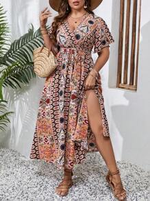 SHEIN LUNE 大碼波西米亞腰帶 開衩 交叉民族風連衣裙 - 棕色 - 查看 4