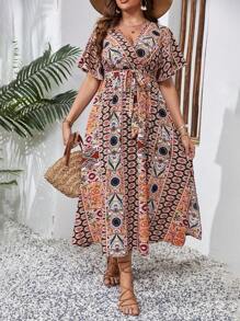 SHEIN LUNE 大碼波西米亞腰帶 開衩 交叉民族風連衣裙 - 棕色 - 查看 6