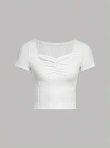SHEIN Chicas adolescentes Camiseta fruncido delantero tejido de cable - Blanco - Ver 1