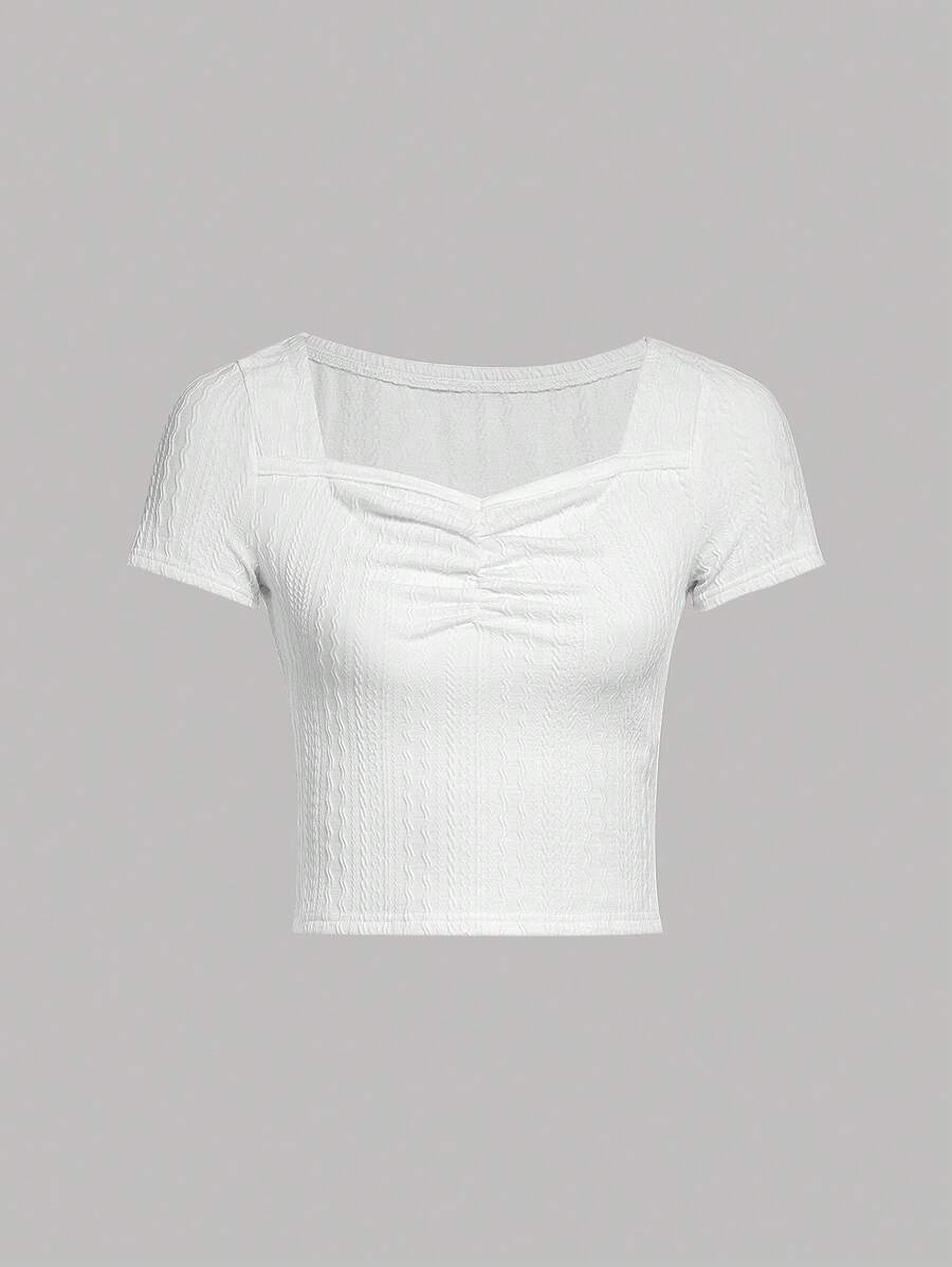 SHEIN Chicas adolescentes Camiseta fruncido delantero tejido de cable - Blanco - Ver 1