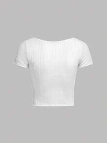 SHEIN Chicas adolescentes Camiseta fruncido delantero tejido de cable - Blanco - Ver 2