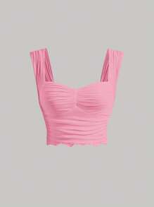 SHEIN MOD 胸部褶皺木耳邊短款寬肩帶上衣 - 淺粉色 - 查看 1