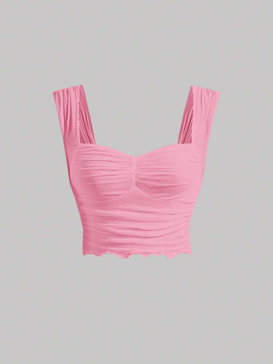 SHEIN MOD 胸部褶皺木耳邊短款寬肩帶上衣 - 淺粉色 - 查看 1