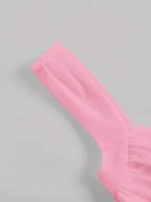 SHEIN MOD 胸部褶皺木耳邊短款寬肩帶上衣 - 淺粉色 - 查看 3