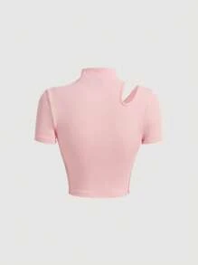 SHEIN MOD Áo thun nữ Cắt ra màu trơn Giải trí - Màu Hồng baby - Xem 3
