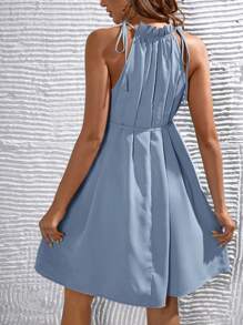 SHEIN 孕婦褶邊腰帶繞頸連衣裙 - 霧霾藍 - 查看 3