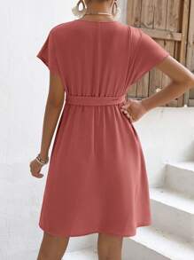 SHEIN Maternity Solid Belted Wrap Detail Dress - Coral Pink - View 3