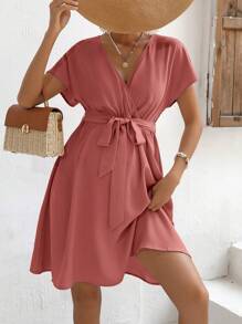 SHEIN Maternity Solid Belted Wrap Detail Dress - Coral Pink - View 5