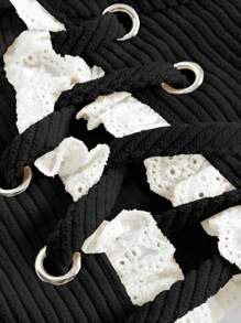 SHEIN MOD Áo sơ mi nữ viền lá sen Ren lên Thùa khuyết Gân đan màu trơn Giải trí - màu đen - Xem 4